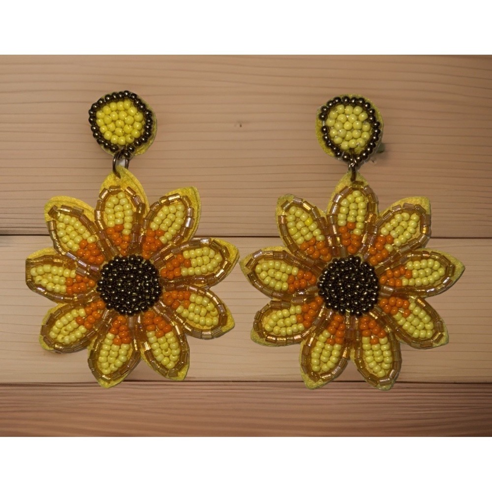 Sunflower Beaded Dangle Earrings Yellow Seed Bead Felt Back Boho 2.5" #4630